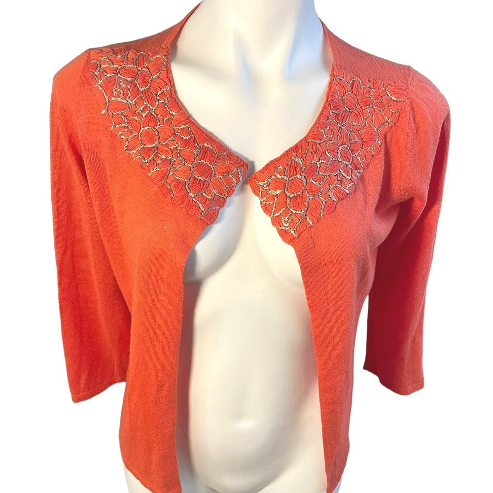 J Jill Women's Open Front Knit Cardigan Sz XSmall Linen Blend Embroidered Orange